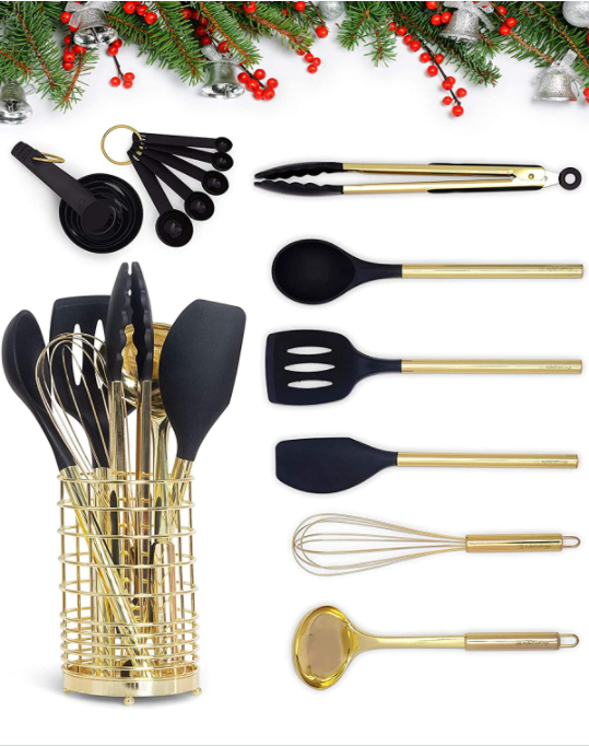 Los utensilios negros de la cocina del oro con el sistema de los utensilios de cocinar del oro del tenedor 17PC del utensilio del oro del metal incluyen la taza de medición negra del oro