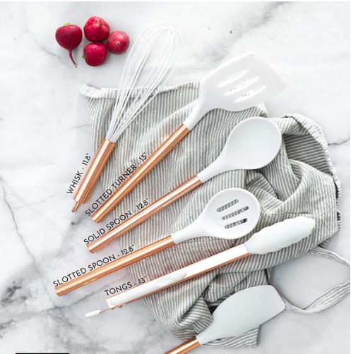 Silicón blanco y utensilios de cocinar de cobre para cocinar moderno y servir, utensilios de servicio de acero cobreado inoxidables espátula ideal