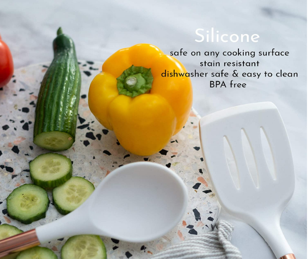 Silicón blanco y utensilios de cocinar de cobre para cocinar moderno y servir, utensilios de servicio de acero cobreado inoxidables espátula ideal